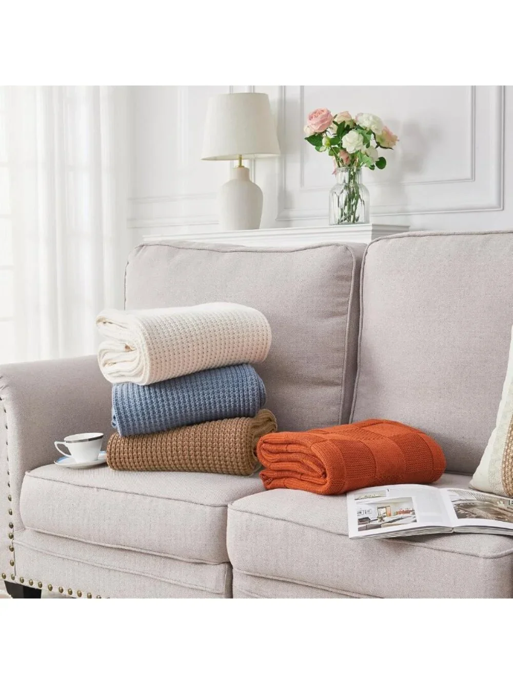 Cozy Light Brown Chunky Cable Knit Throw Blanket, 50